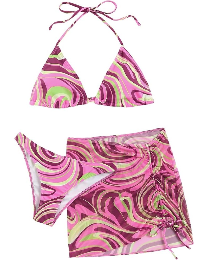 Women's 3packs Allover Print Bikini Set and Drawstring Side Cover Up Skirt C Pink $13.12 Swimsuits