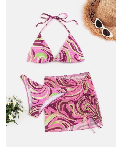 Women's 3packs Allover Print Bikini Set and Drawstring Side Cover Up Skirt C Pink $13.12 Swimsuits