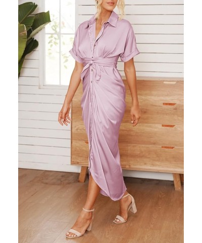 Women Elegant Satin Short Sleeve Ruched Maxi Button Down Shirt Dress with Belt Pink $25.92 Dresses