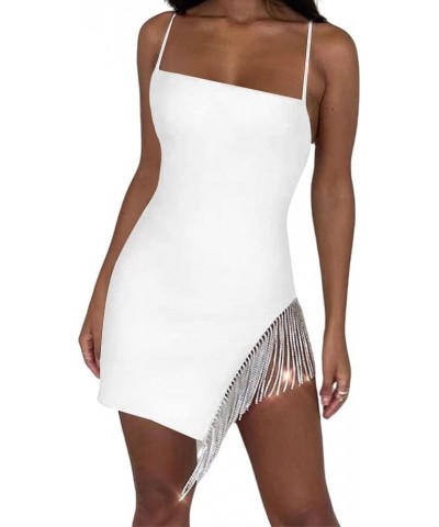 Womens Sexy 2 Piece Outfits Sleeveless Crop Top Feather Tassels Bodycon Mini Dress Outfits Clubwear Three White $21.00 Dresses