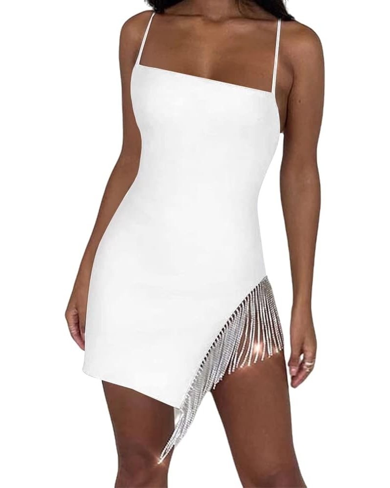 Womens Sexy 2 Piece Outfits Sleeveless Crop Top Feather Tassels Bodycon Mini Dress Outfits Clubwear Three White $21.00 Dresses