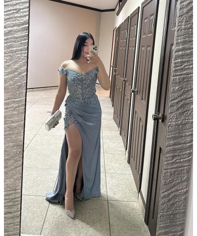 Off Shoulder Prom Dresses with Slit Lace Appliques Satin Mermaid Formal Evening Gowns CR084 Teal $43.70 Dresses