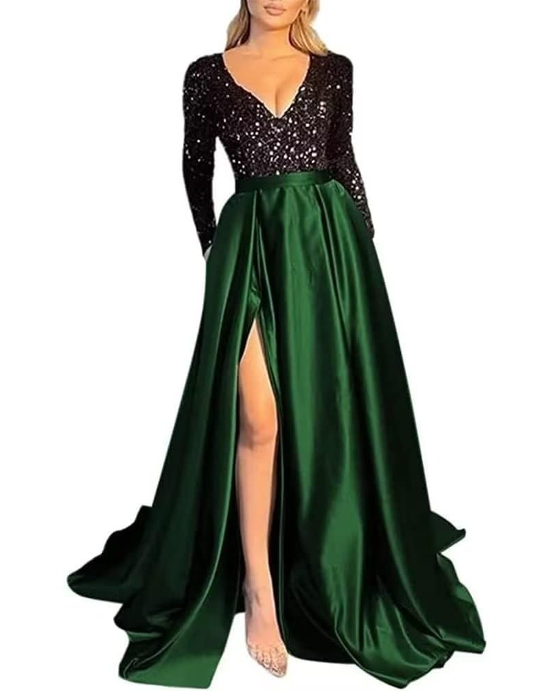 Women's Sequin Prom Dresses V Neck Long Sleeve Satin Floor Length Gown Formal Evening Dresses with Slit Black-emeraldgreen $3...