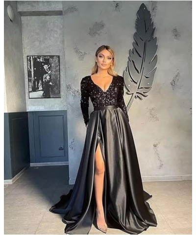 Women's Sequin Prom Dresses V Neck Long Sleeve Satin Floor Length Gown Formal Evening Dresses with Slit Black-emeraldgreen $3...