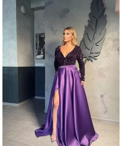 Women's Sequin Prom Dresses V Neck Long Sleeve Satin Floor Length Gown Formal Evening Dresses with Slit Black-emeraldgreen $3...