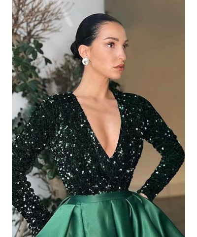 Women's Sequin Prom Dresses V Neck Long Sleeve Satin Floor Length Gown Formal Evening Dresses with Slit Black-emeraldgreen $3...