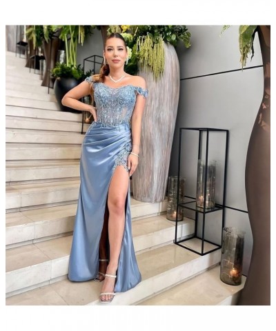 Off Shoulder Prom Dresses with Slit Lace Appliques Satin Mermaid Formal Evening Gowns CR084 Teal $43.70 Dresses