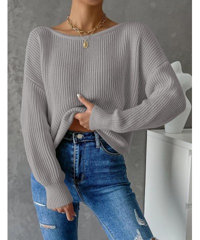 Women Twist Back Boat Neck Knitted Sweaters Long Sleeve Drop Shoulder Solid Casual Pullover Tunic Tops Grey $15.48 Sweaters