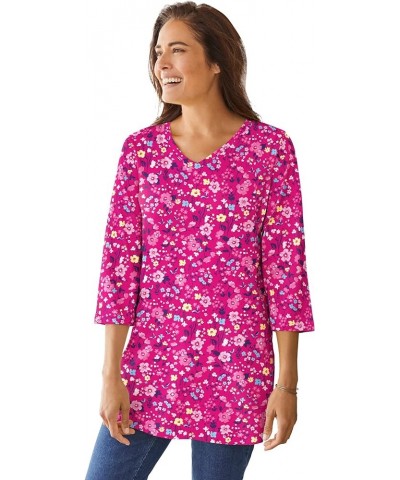 Women's Plus Size Perfect Printed Three-Quarter-Sleeve V-Neck Tunic Raspberry Sorbet Field Floral $18.28 Others