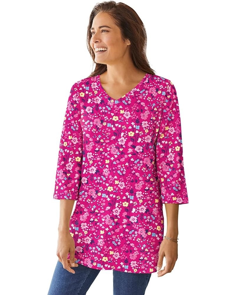 Women's Plus Size Perfect Printed Three-Quarter-Sleeve V-Neck Tunic Raspberry Sorbet Field Floral $18.28 Others