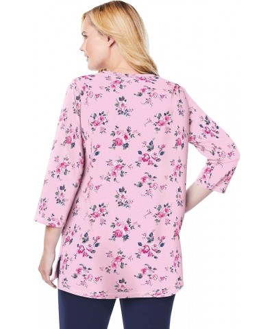 Women's Plus Size Perfect Printed Three-Quarter-Sleeve V-Neck Tunic Raspberry Sorbet Field Floral $18.28 Others