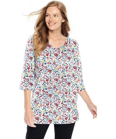 Women's Plus Size Perfect Printed Three-Quarter-Sleeve V-Neck Tunic Raspberry Sorbet Field Floral $18.28 Others