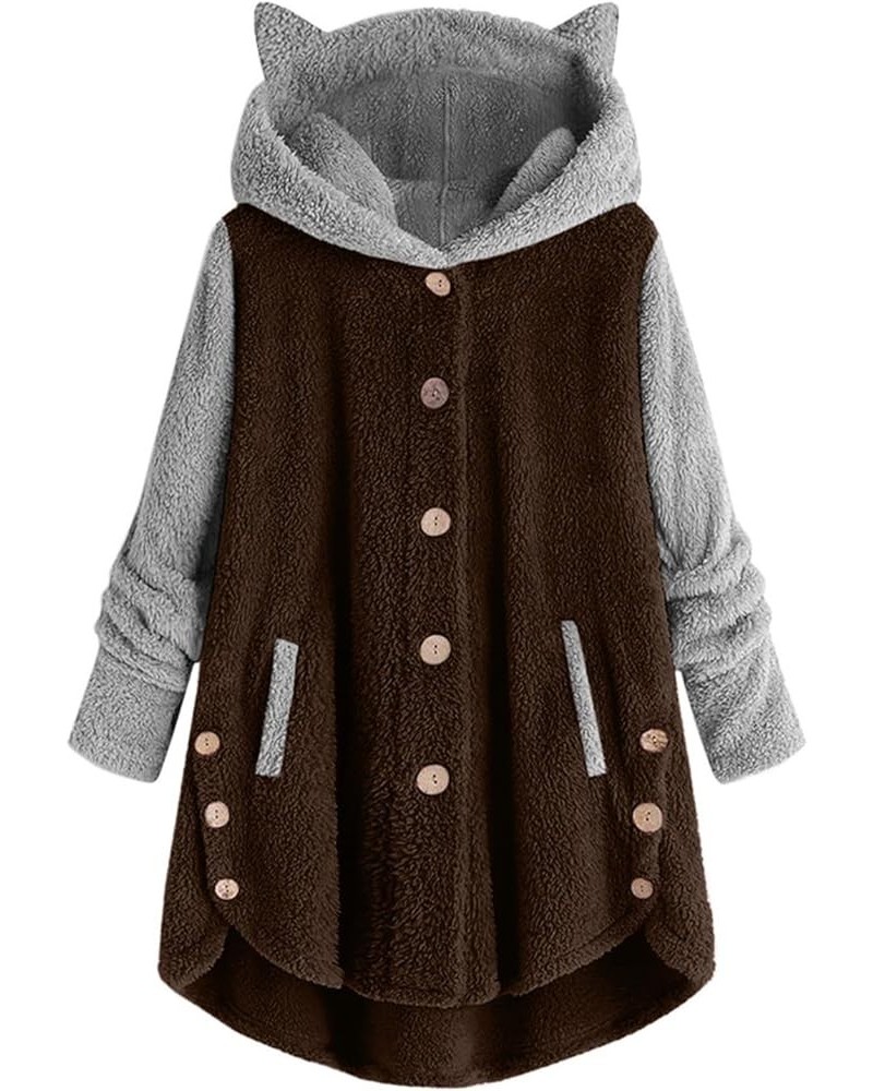 Cat Ear Hoodie Jacket for Women 2023 Casual Long Sleeve Solid Colored Womens Sherpa Cat Hooded jacket 03-brown $16.19 Jackets