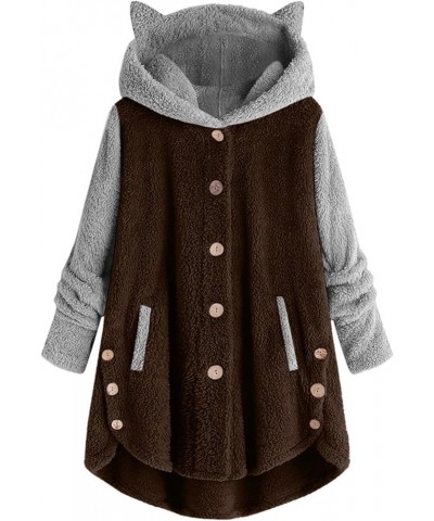 Cat Ear Hoodie Jacket for Women 2023 Casual Long Sleeve Solid Colored Womens Sherpa Cat Hooded jacket 03-brown $16.19 Jackets