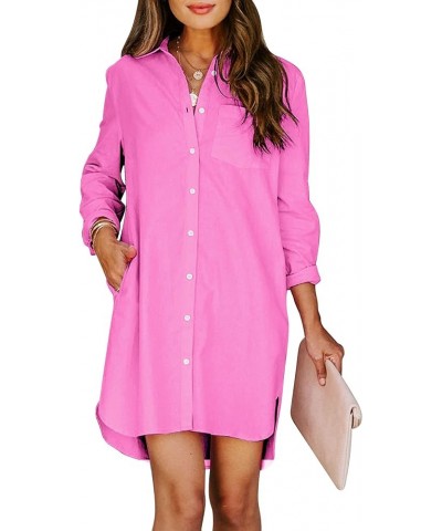 Womens Button Down Shirt Dresses with Pockets Cotton Button Up Tunics Long Sleeve Solid High Low Blouse Tops A_bubblegum Pink...