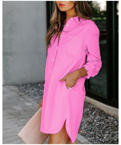 Womens Button Down Shirt Dresses with Pockets Cotton Button Up Tunics Long Sleeve Solid High Low Blouse Tops A_bubblegum Pink...