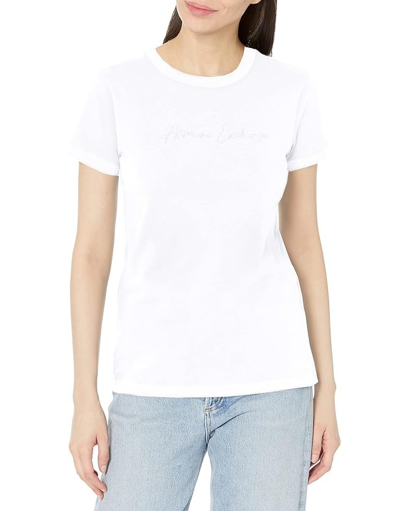 Women's Crew Neck Cursive Embroidered Logo T-Shirt Optic White $13.41 T-Shirts