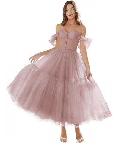 Off Shoulder Tulle Prom Dresses for Women Sweetheart Tea Length A Line Ball Gown Formal Evening Party Dress Dusty Rose $29.93...