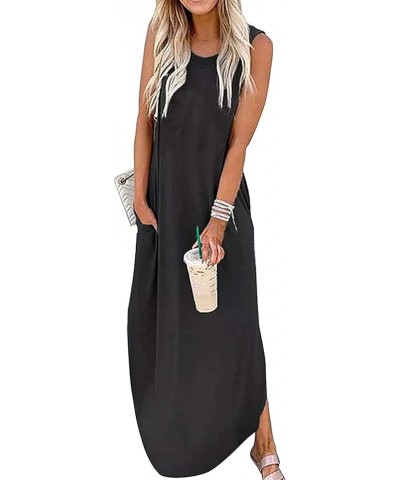 Women's Casual Beach Summer Dresses Sleeveless Graphic Long Sundress Cover Up Dresses with Pocket B Black $16.42 Swimsuits