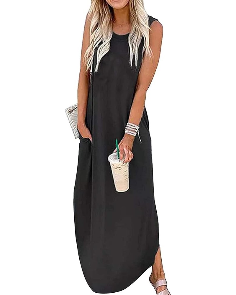 Women's Casual Beach Summer Dresses Sleeveless Graphic Long Sundress Cover Up Dresses with Pocket B Black $16.42 Swimsuits