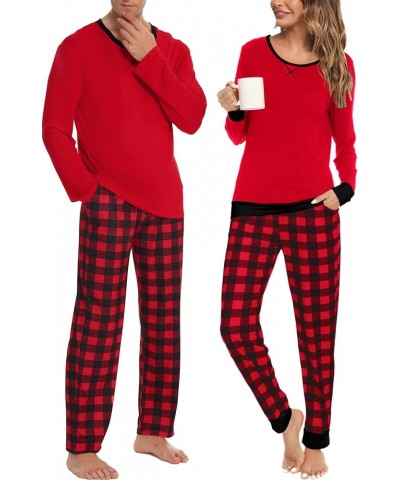 Men & Women Pajama Sets for Couples Long Sleeve Sleepwear Plaid Striped Pants Loungewear Set with Pockets Men Red $18.72 Slee...