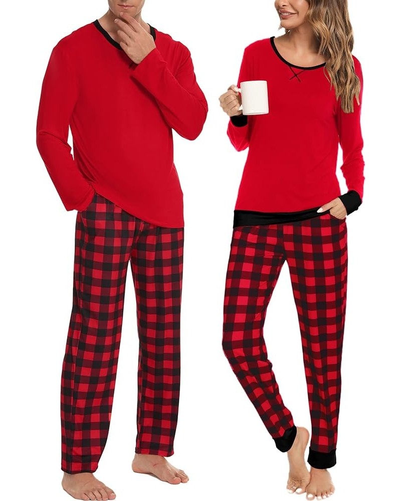 Men & Women Pajama Sets for Couples Long Sleeve Sleepwear Plaid Striped Pants Loungewear Set with Pockets Men Red $18.72 Slee...