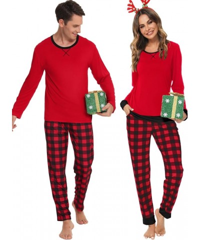 Men & Women Pajama Sets for Couples Long Sleeve Sleepwear Plaid Striped Pants Loungewear Set with Pockets Men Red $18.72 Slee...