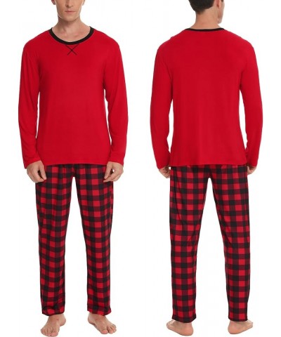 Men & Women Pajama Sets for Couples Long Sleeve Sleepwear Plaid Striped Pants Loungewear Set with Pockets Men Red $18.72 Slee...