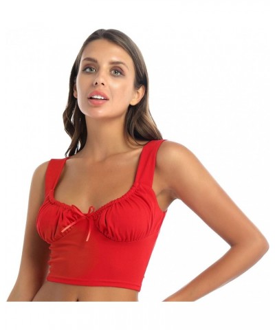 Women's Summer Sleeveless Ruched Crop Tops Slim Fit Camisole Crop Tank Milkmaid Tee Top Red $8.67 Tanks