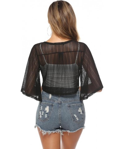 Women Tie Front Chiffon Shrug Short Sleeve Cropped Sheer Bolero Shrug Cardigan New Style 2-black $11.74 Sweaters