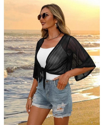 Women Tie Front Chiffon Shrug Short Sleeve Cropped Sheer Bolero Shrug Cardigan New Style 2-black $11.74 Sweaters