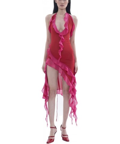 Women Sexy Y2k Ruffles Hem Fairy Tube Dress 3D Floral Tassels Irregular Ruffle Strapless Short Halter Midi Long Dress G Rosy ...