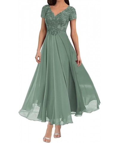 V Neck Mother of The Bride Dresses Short Sleeves Lace Appliques Formal Evening Dress for Wedding Guest Woman Pastel Green $30...