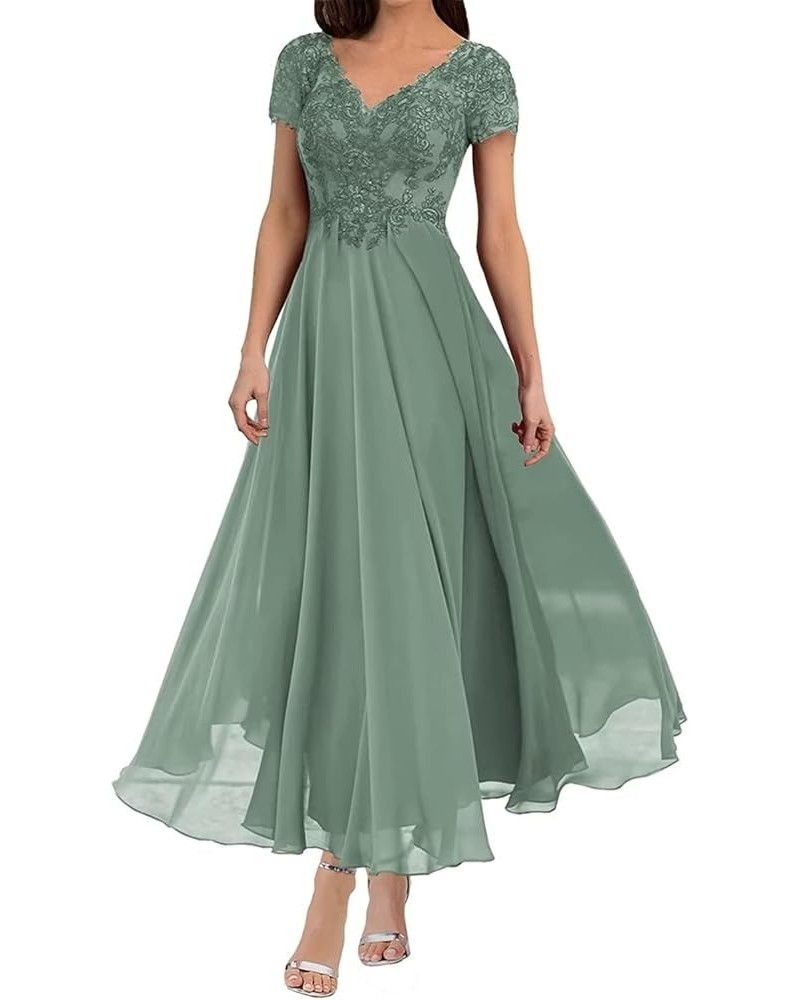 V Neck Mother of The Bride Dresses Short Sleeves Lace Appliques Formal Evening Dress for Wedding Guest Woman Pastel Green $30...