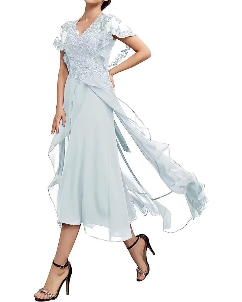 Ruffle Sleeves Mother of The Bride Dresses Tea Length Lace Appliques Pleated Chiffon Formal Evening Gowns for Wedding Lavende...