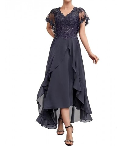 Ruffle Sleeves Mother of The Bride Dresses Tea Length Lace Appliques Pleated Chiffon Formal Evening Gowns for Wedding Lavende...