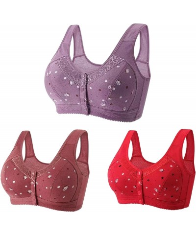 3 Pack Everyday Bras for Women Front Closure Sports Bras Floral Underwear Soft Wireless Cotton Bra Comfort & Sleep Bra Purple...