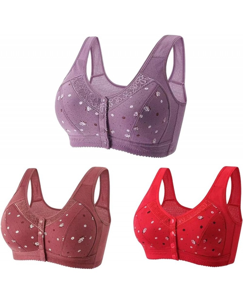 3 Pack Everyday Bras for Women Front Closure Sports Bras Floral Underwear Soft Wireless Cotton Bra Comfort & Sleep Bra Purple...