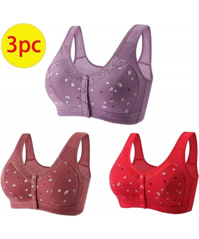 3 Pack Everyday Bras for Women Front Closure Sports Bras Floral Underwear Soft Wireless Cotton Bra Comfort & Sleep Bra Purple...