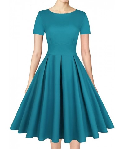 Women's 1950s Retro Vintage Rockabilly Short Sleeve Cocktail Party Swing Dress Solid Turquoise Blue $22.32 Dresses
