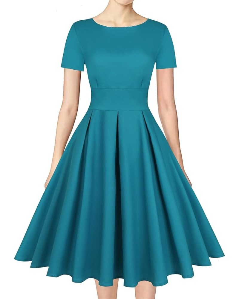 Women's 1950s Retro Vintage Rockabilly Short Sleeve Cocktail Party Swing Dress Solid Turquoise Blue $22.32 Dresses