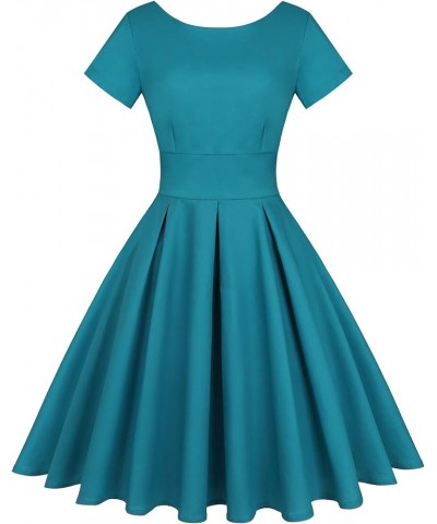 Women's 1950s Retro Vintage Rockabilly Short Sleeve Cocktail Party Swing Dress Solid Turquoise Blue $22.32 Dresses