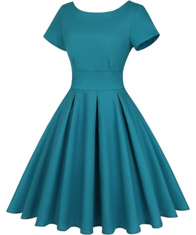 Women's 1950s Retro Vintage Rockabilly Short Sleeve Cocktail Party Swing Dress Solid Turquoise Blue $22.32 Dresses