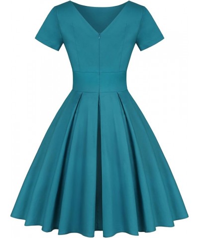 Women's 1950s Retro Vintage Rockabilly Short Sleeve Cocktail Party Swing Dress Solid Turquoise Blue $22.32 Dresses