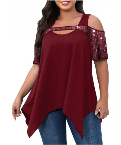 Sparkly Cold Shoulder Summer Tops for Women Plus Size Sequins Hollow Out Short Sleeve Irregular Hem Tunic Shirts Top Wine,05 ...