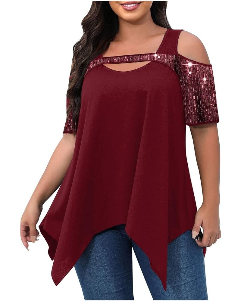 Sparkly Cold Shoulder Summer Tops for Women Plus Size Sequins Hollow Out Short Sleeve Irregular Hem Tunic Shirts Top Wine,05 ...