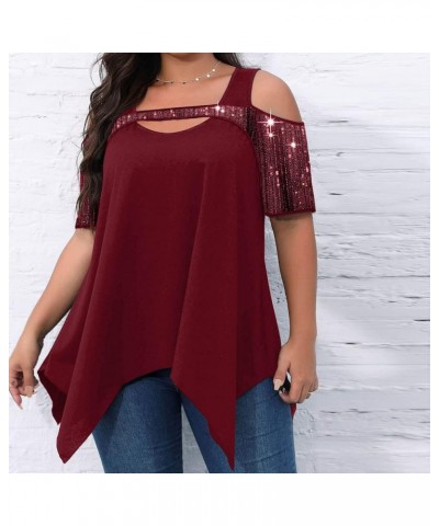 Sparkly Cold Shoulder Summer Tops for Women Plus Size Sequins Hollow Out Short Sleeve Irregular Hem Tunic Shirts Top Wine,05 ...