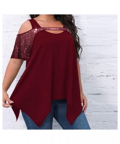 Sparkly Cold Shoulder Summer Tops for Women Plus Size Sequins Hollow Out Short Sleeve Irregular Hem Tunic Shirts Top Wine,05 ...