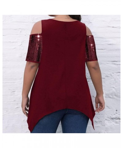 Sparkly Cold Shoulder Summer Tops for Women Plus Size Sequins Hollow Out Short Sleeve Irregular Hem Tunic Shirts Top Wine,05 ...