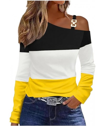 Womens Cold One Sleeve Shoulder Tops Long Sleeve Shirts Sexy Casual Blouse Solid Gradient Color Block Slim Fit Blouse A-yello...